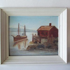 Jeannette Garrett Oil Painting, Cocoa Florida Artist, River Shrimp Boat, c1960s